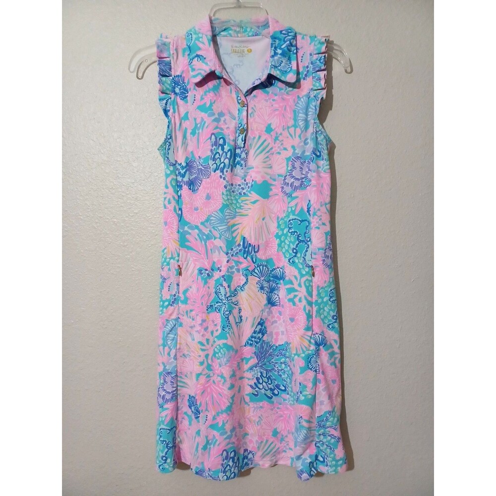 Lilly Pulitzer Luxletic Silvia Golf Dress Tennis Sz S Seek and Sea Pink Blue EUC